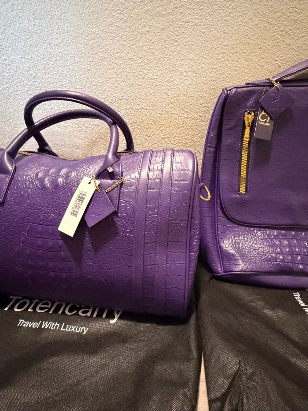 Purple Croc-Embossed Leather Tote Bag